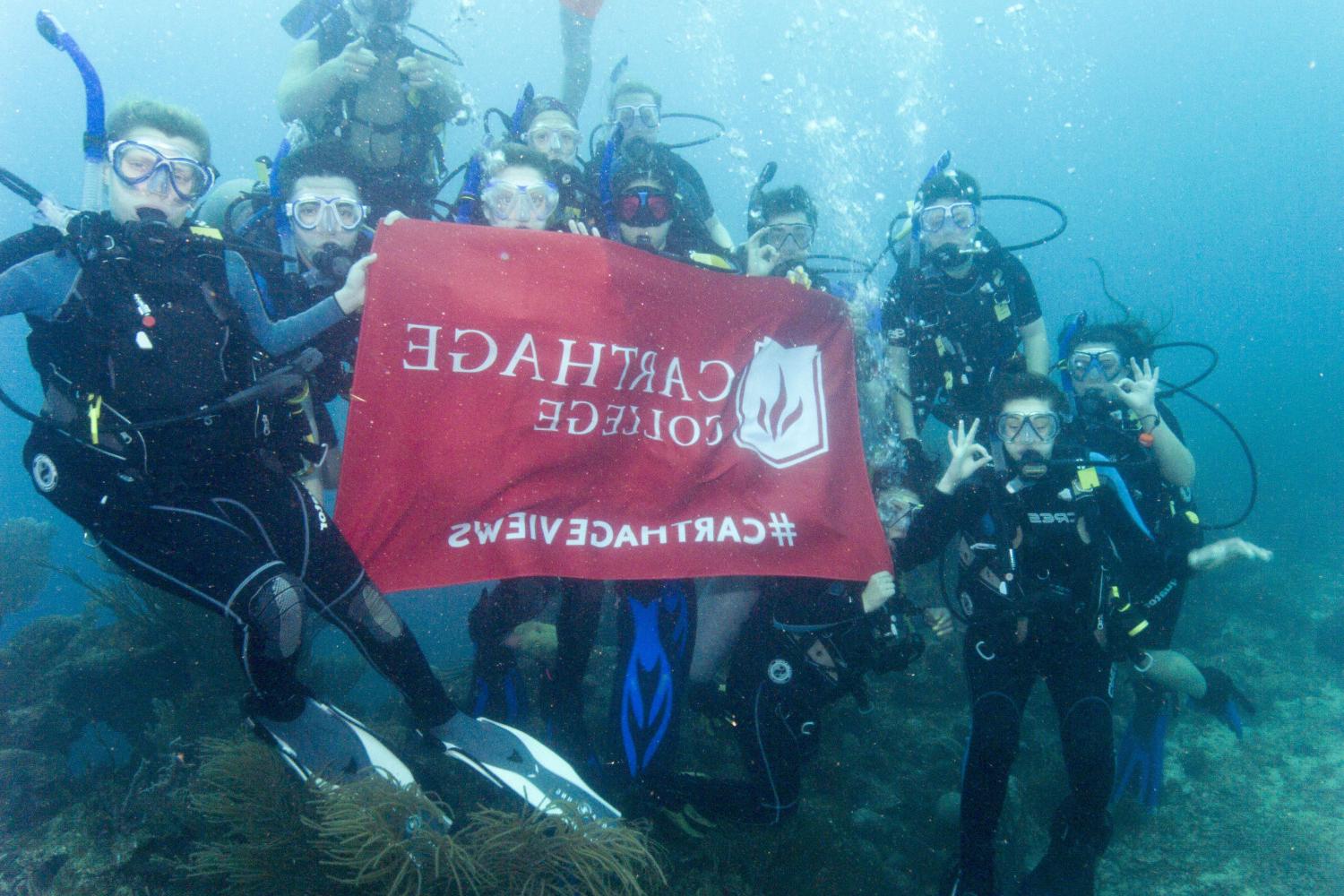学生们手持<a href='http://gciv.ngskmc-eis.net'>bv伟德ios下载</a>旗帜，在j学期洪都拉斯游学之旅中潜水.